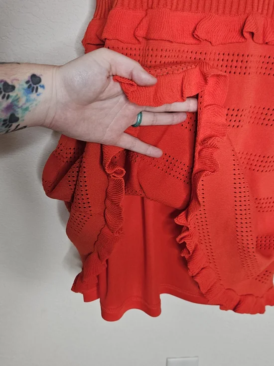 Lulus Red Orange Ruffle Strap Knit Mini Dress L Sleeveless Fit & Flare NWT - Picture 6 of 11